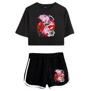 LKY STAR Hazbin Hotel Merch Anime T-Shirts and Short Set Angel Dust/Alastor Cosplay Crop Top and Pants 2pcs for Women Girls
