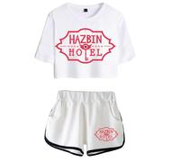 LKY STAR Hazbin Hotel Merch Anime T-Shirts and Short Set Angel Dust/Alastor Cosplay Crop Top and Pants 2pcs for Women Girls