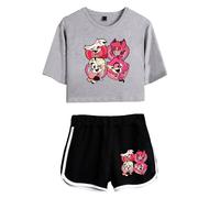 LKY STAR Hazbin Hotel Merch Anime T-Shirts and Short Set Angel Dust/Alastor Cosplay Crop Top and Pants 2pcs for Women Girls