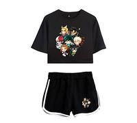LKY STAR My Hero Academia T-Shirts and Short Set Anime MHA Cosplay Deku Shoto Crop Top and Pants 2pcs for Women Girls