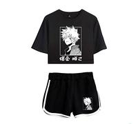 LKY STAR My Hero Academia T-Shirts and Short Set Anime MHA Cosplay Deku Shoto Crop Top and Pants 2pcs for Women Girls