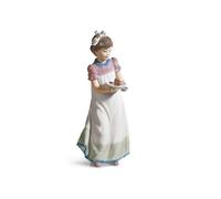 LLADRÓ Glossy Porcelain Figure Girl with Cake. Decorative Porcelain Figure of a Young Girl.