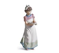 LLADRÓ Glossy Porcelain Figure Girl with Cake. Decorative Porcelain Figure of a Young Girl.