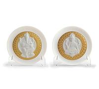 LLADRÓ Goddes Lakshmi and Lord Ganesha Decorative Plates Set. Golden Lustre. Porcelain Plates.