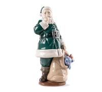 LLADRÓ Porcelain Figure Santa Claus Has Arrived in Green Color. Christmas Sculpture of Santa Claus in Porcelain.