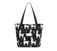 llama alpaca cactus black cute Tote Bag for Women - Lightweight Reusable Canvas Tote Bag with Zipper,Hand Strap Cotton Tote Bags Bulk for Grocery Bags,Shopping Bags