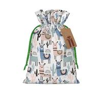 Llama Alpaca Cactus print Christmas bag, drawstring sack - fit holiday present packaging for family and friends