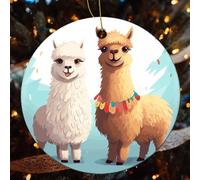 Llama Alpaca Ceramic Christmas Ornaments - 4 Pcs Rustic Round Xma Tree Decor with Hanging String, Personalized Vintage Double-Sided Holiday Party Decorations for Xmas Gifts
