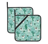 Llama Alpaca Green Print Pot Holders Set Of 2,Kitchen Decorative Heat Resistant Potholder For Cooking Baking Holiday Decors