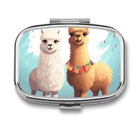 Llama Alpaca Pill Box 2 Compartment Portable Travel Pill Case with Mirror Square Metal Medicines Storage Container Pocket Medicine Box to Hold Vitamins Fish Oil