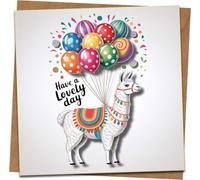 Llama Balloons Greeting Card - Have a Lovely Day - 145mm x 145mm Square Card with Kraft Envelope - Colorful Confetti Design - Birthday/Any Occasion - Blank Inside