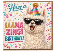 Llama Birthday Card - Funny Pun 'Have a Llamazing Birthday' - Party Hat Llama with Sunglasses - Colourful Confetti Design - Humour Greeting Card for Anyone