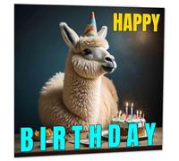 Llama Birthday Card - Llama in a party hat happy birthday card 145 x 145mm