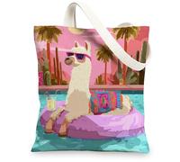 Llama Canvas Tote Bag, Colorful Reusable Beach Bags, Fun Lightweight Eco-Friendly Shopping Bags, Colorful, 13x15 Inch