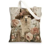 Llama Canvas Tote Bags, Animal Floral Pattern Reusable Bags, Vintage Lightweight Washable Shoulder Strap Canvas Bags for Tr, Beige, 13x15 Inch