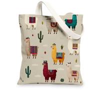 Llama Canvas Tote Bags, Bohemian Pattern Reusable Grocery Bags, Lightweight Washable Shoulder Strap Canvas Bags for Gym Out, Beige, 13x15 Inch