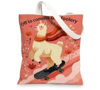 Llama Canvas Tote Bags, Cute Animal Pattern Reusable Shopping Bags, Fanciful Playful Lightweight Washable Shoulder Strap Ca, Peach, 13x15 Inch