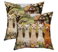 Llama Decorative Pillow Covers Set of 2, Colorful Farmhouse Throw Pillow Cases, Fanciful Alpaca Cushion Covers for Spring Home Decor, Cozy Village Garden Pillow Case 16x16 Inch