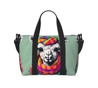 Llama in A Scarf print Gym Bag for Women,Carry on Weekender Overnight Duffle Bag,Personal Item Tote Bag, Black, One Size