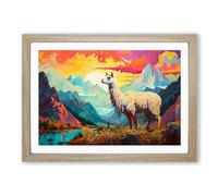 Llama Landscape Framed Print | A2 Oak Framed Wall Art | Ready to Hang | Modern Animal Picture | Living Room Bedroom Lounge Office