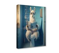 Llama Read Newspaper Posters Prints 1P Animals Wearing Glasses Sit on Toilet Canvas Wall Art Cute Modern Pictures Artwork for Living Room Bedroom Home Decor Framed Gallery-Wrapped Ready to Hang