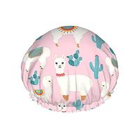 Llama Shower Cap Cute Animal Cartoon Alpaca with Bohemian Blanket Flower Cactus Large Bath Caps for Women Men Girls Long Hair Waterproof Reusable Hats