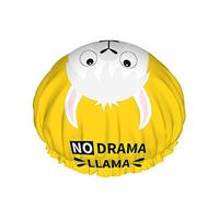 Llama Shower Cap Cute Animal White Alpaca with Word No Drama Llama Large Bath Caps for Women Men Girls Long Hair Waterproof Reusable Hats Yellow