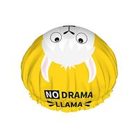 Llama Shower Cap,Funny Cartoon White Llama Alpaca Face With Quote No Drama Llama Yellow Waterproof Double Layer Bath Caps Perfect For All Hair Lengths And Thicknesses