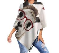 Llama with Glasses Shawl Tassel Shawl Cape Vintage Cape Women's Shawl Poncho Knitted Cape Wrap Poncho, Black-style, One size