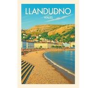 Llandudno Wales Vintage Travel Art Print, Coastal Beach Scene Wall Poster, Welsh Seaside Town Landscape. Size A4
