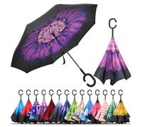 LLanxiry Windproof Inverted Umbrella, Large Reverse Umbrellas for Rain with C-shaped Handle Big Upside Down Inside Out Umbrella for Women & Men (purple flower)