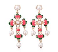 LLDJHYS Baroque Cross Dangle Earrings, Large Rhinestone Pearl Cross Earrings, Vintage Red and Gold Earrings, Gothic Cross Earrings for Women Halloween Christmas Mom Gifts, Zinc, No Gemstone