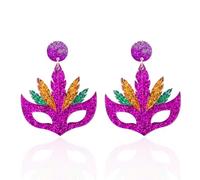 LLDJHYS Mardi Gras Mask Dangle Earrings for Women Purple Green Feather Carnival Stud Acrylic Mardi Gras Jewelry