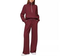 LLECDASEUI 2-piece sets for women 2024 autumn outfits jogging suit oversized sweatshirt sweatpants with wide leg matching set tracksuit, Burgundy red, S