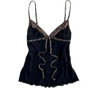 LLECDASEUI Cheetah Tops Grunge 2000s Emo Floral Cropped Top Spaghetti Strap Tops Y2k Leopard Print Vintage Camisole (Black,S)