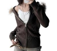 LLECDASEUI Faux Fur Trim Hoodies for Women, Y2k Cable Knit Long Sleeve Cropped Sweatshirt, Zip Up Slim Jacket with Fur Hood (L,Brown)
