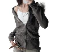 LLECDASEUI Faux Fur Trim Hoodies for Women, Y2k Cable Knit Long Sleeve Cropped Sweatshirt, Zip Up Slim Jacket with Fur Hood (L,Grey)