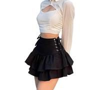 LLECDASEUI Goth Aesthetic Black Pleated Skirt Vintage Ruffle Mini Skirts Streetwear High Waist Eyelet Bandage Summer Skirts (S,Black)
