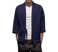 LLECDASEUI Men's Vintage Kimono Cardigan Cotton Linen Wrap Front Japanese Jinbei Haori Jacket Loose Fit Solid Color Hanfu Top (XL,Navy Blue)