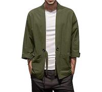 LLECDASEUI Men's Vintage Kimono Cardigan Cotton Linen Wrap Front Japanese Jinbei Haori Jacket Loose Fit Solid Color Hanfu Top (3XL,Green)