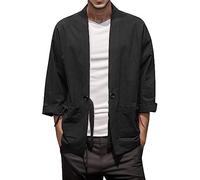 LLECDASEUI Men's Vintage Kimono Cardigan Cotton Linen Wrap Front Japanese Jinbei Haori Jacket Loose Fit Solid Color Hanfu Top (L,Black)