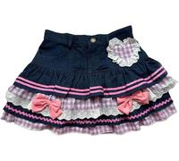 LLECDASEUI Ruffle Hem Jean Mini Skirt Cutecore Preppy Lolita Kawaii Harajuku Y2K Denim Skirt Lace Cake Clothes (Blue,S)