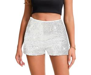 LLECDASEUI Sequin Shorts for Women, Sparkly Straight Leg Short Glitter Sparkle Hot Pants Solid Party (L,Silver)