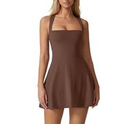 LLECDASEUI Square Neck Tennis Dress for Women Sleeveless Stretchy Golf Sporty Mini Dresses Sexy Exercise Dresses with Built-in Shorts, chestnut, XXL