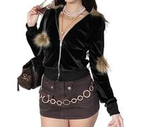 LLECDASEUI Velvet Hoodies for Women, Long Sleeve Zip Sweatshirt Crop Top Jackets with Fur Hooded Drawstrings, Retro Y2k (M,Black)