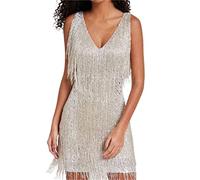 LLECDASEUI Women 1920s Shiny Fringe Dress Roaring Flapper Gatsby Latin Dance Sexy Sparkly Sequins Bodycon Dress (Silver,L)