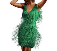 LLECDASEUI Women 1920s Shiny Fringe Dress Roaring Flapper Gatsby Latin Dance Sexy Sparkly Sequins Bodycon Dress (Green,XL)