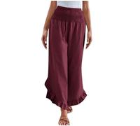 LLECDASEUI Women Linen Pants Summer 2025 Wide Leg Pants Smocked Waist Ruffle Hem Palazzo Pant Boho Flowy Beach Pant with Pocket (Red,S)