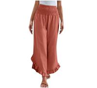 LLECDASEUI Women Linen Pants Summer 2025 Wide Leg Pants Smocked Waist Ruffle Hem Palazzo Pant Boho Flowy Beach Pant with Pocket (Pink,S)
