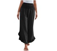 LLECDASEUI Women Linen Pants Summer 2025 Wide Leg Pants Smocked Waist Ruffle Hem Palazzo Pant Boho Flowy Beach Pant with Pocket (Black,XL)
